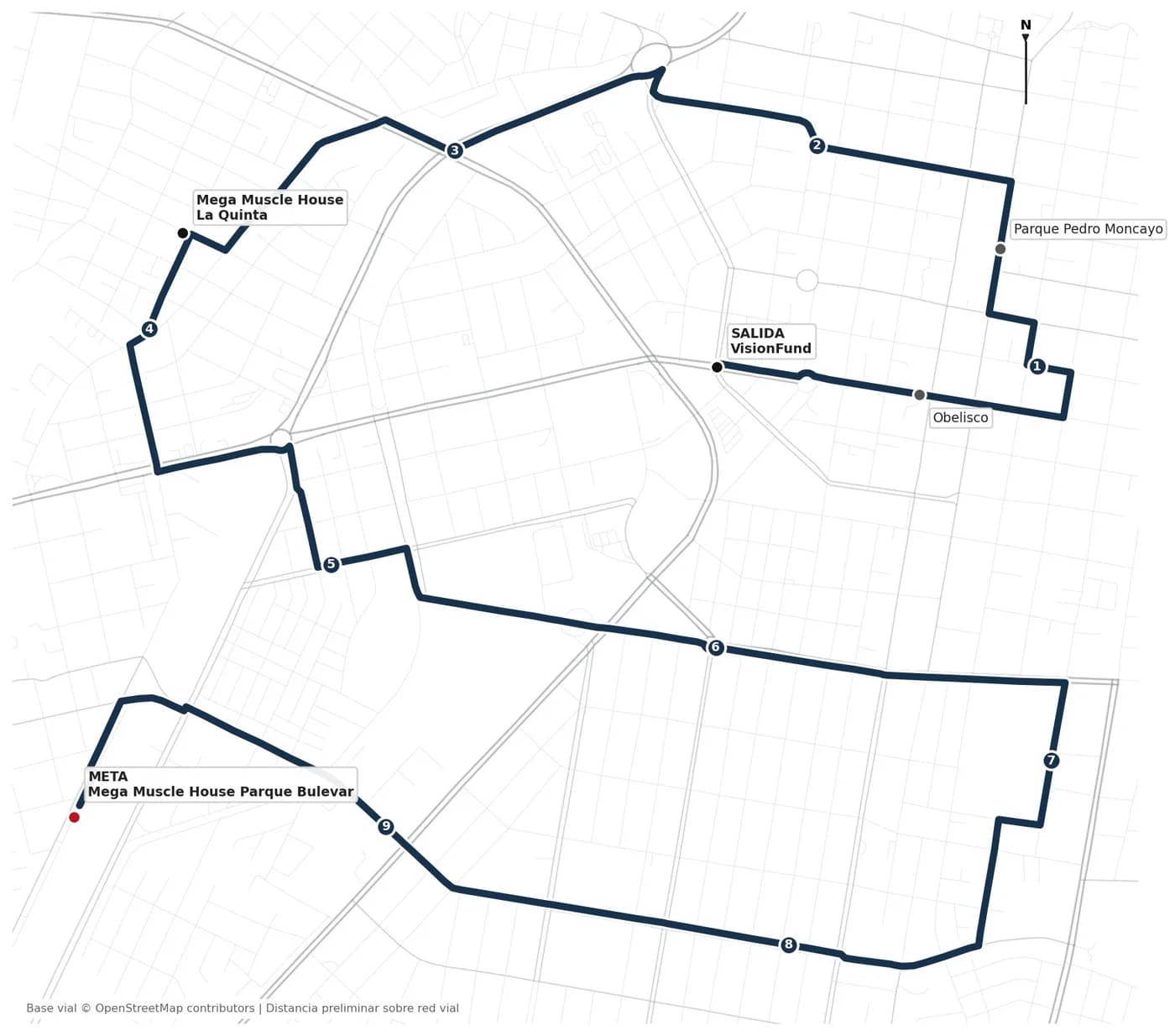 Mapa del recorrido de 10K, de la salida en VisionFund a la meta en el Parque Bulevar