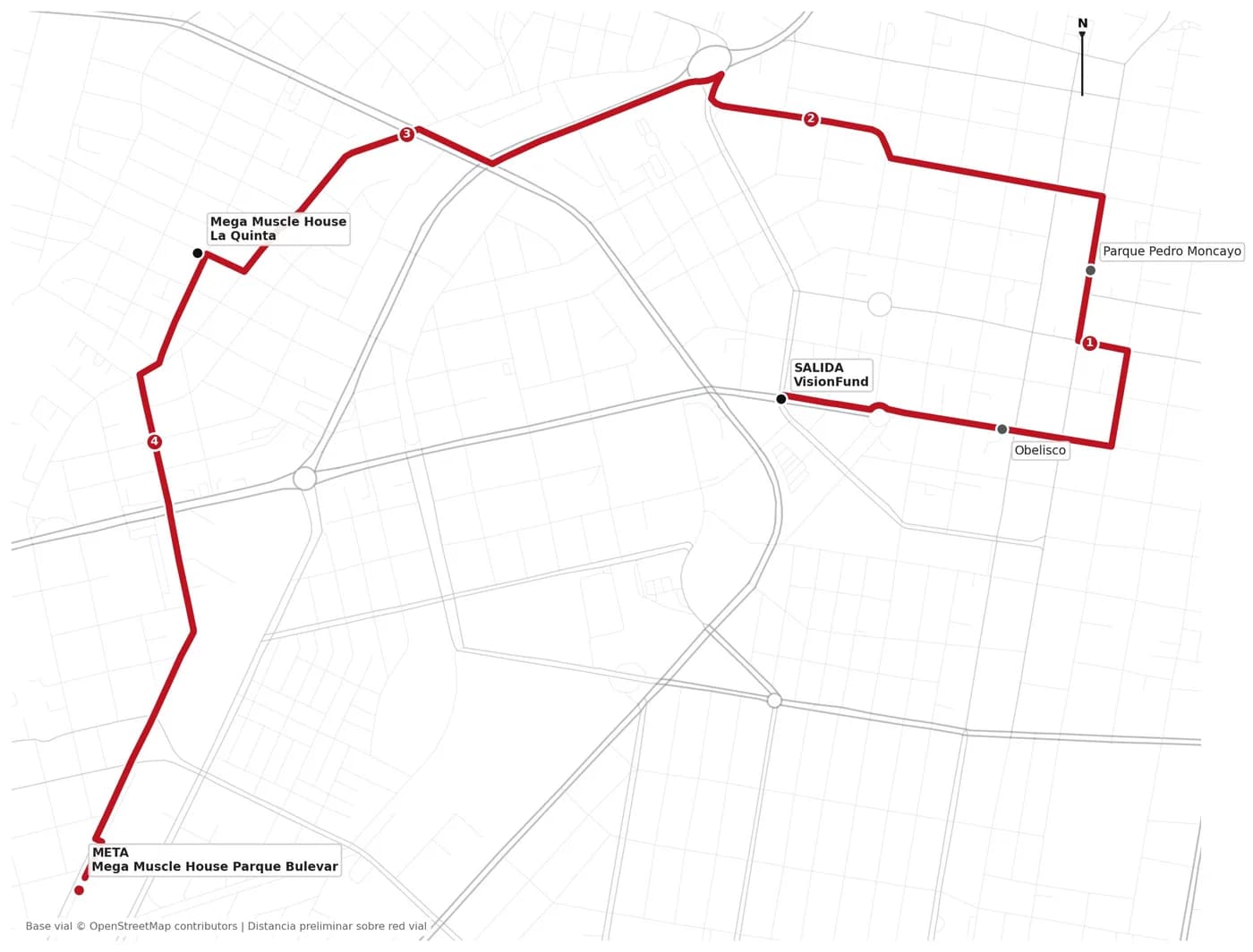 Mapa del recorrido de 5K, de la salida en VisionFund a la meta en el Parque Bulevar